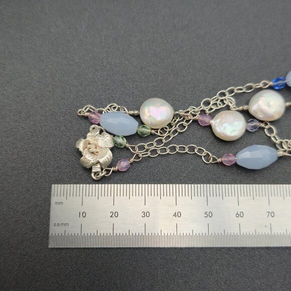 19.5 Inch Sterling Silver Genuine Pearls Flower Clasp Necklace A6583 - Picture 6 of 7